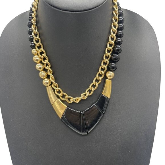 Juliet and Company Black and Gold Beaded Geometric Collar Necklace 17 to 19 In - Picture 1 of 4